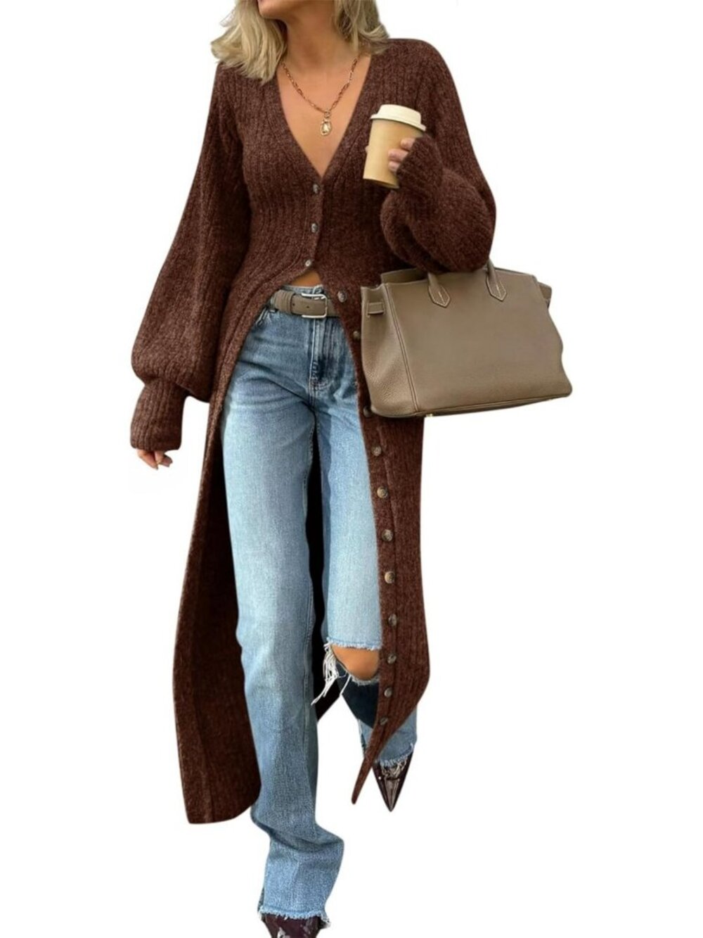 Chic Women's Long Duster Cardigan Maxi Sweater Dress with Button Details